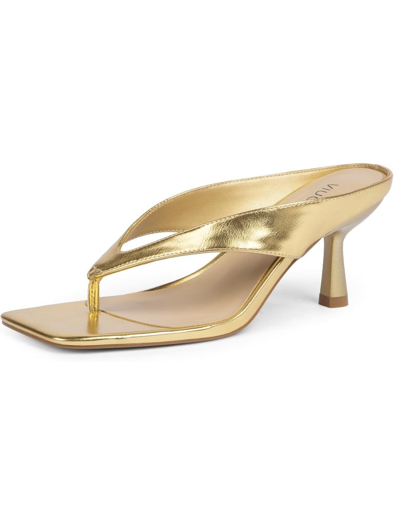 Women’s Gold Kitten Heels Flip Flop Slip On Open Toe Low Heels Thong Square Toe